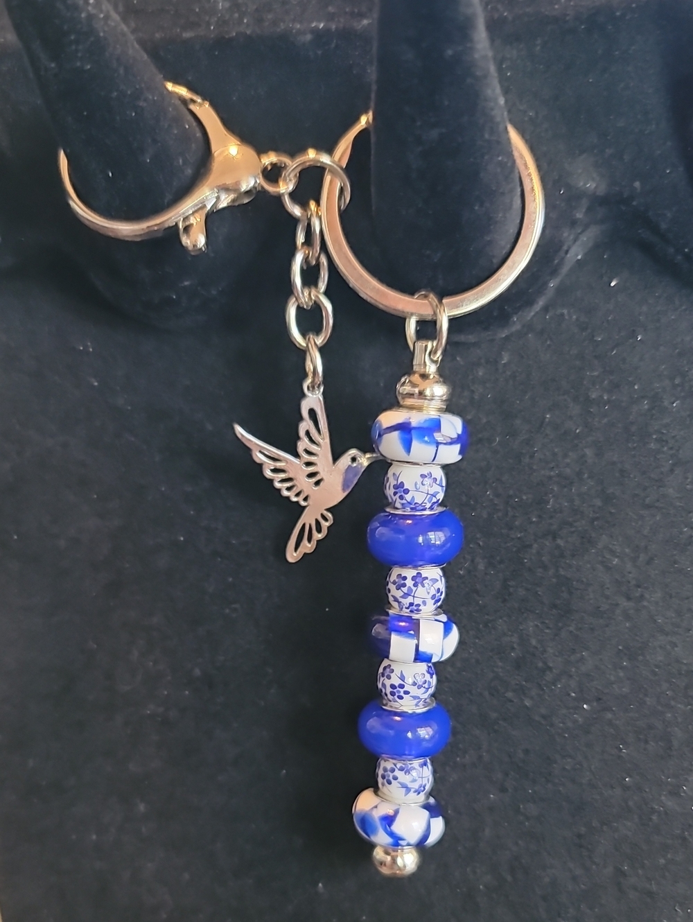 Blue & White Beaded Drop Keychain with Hummingbird Charm